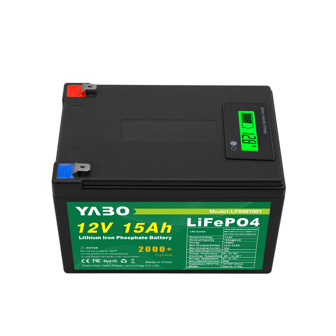 YABO 12V 15Ah LiFePO4 Batterij met Overontladingsbescherming voor Huisopslag